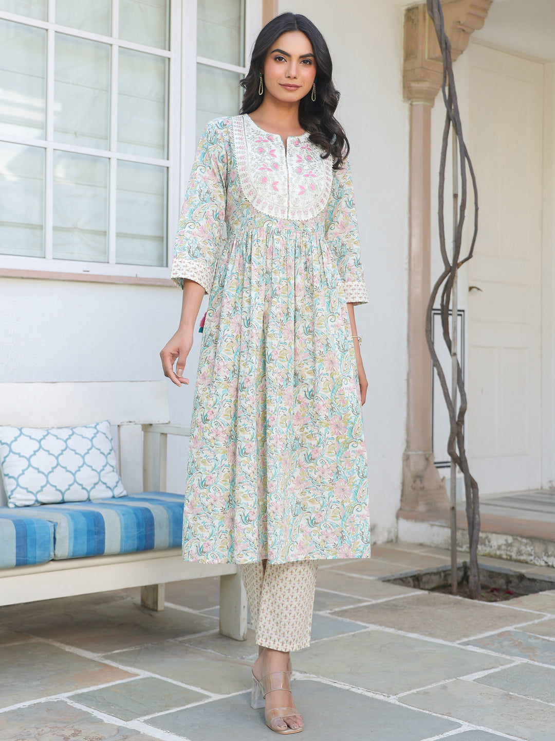 Janasya Light Cotton Yoke Embroidery A-Line Kurta Set