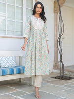 Thumbnail for Janasya Light Cotton Yoke Embroidery A-Line Kurta Set