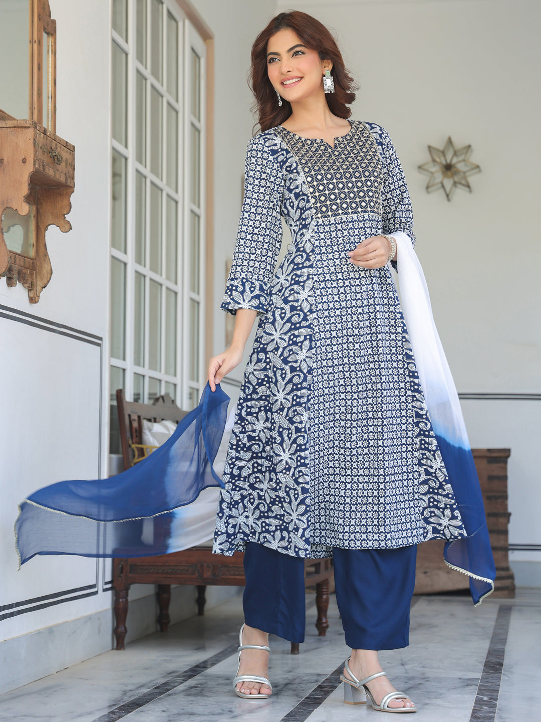 Janasya Dark Rayon Floral A-Line Kurta Set