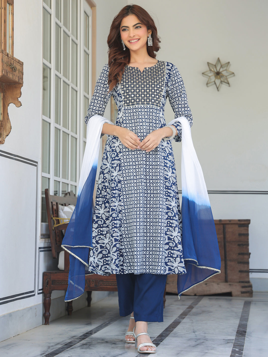 Janasya Dark Rayon Floral A-Line Kurta Set
