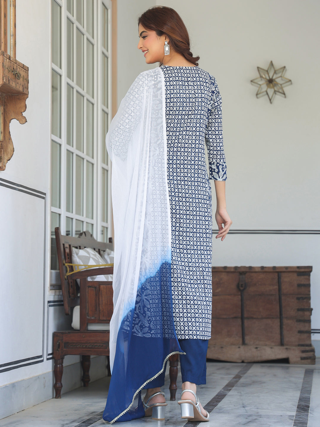 Janasya Dark Rayon Floral A-Line Kurta Set