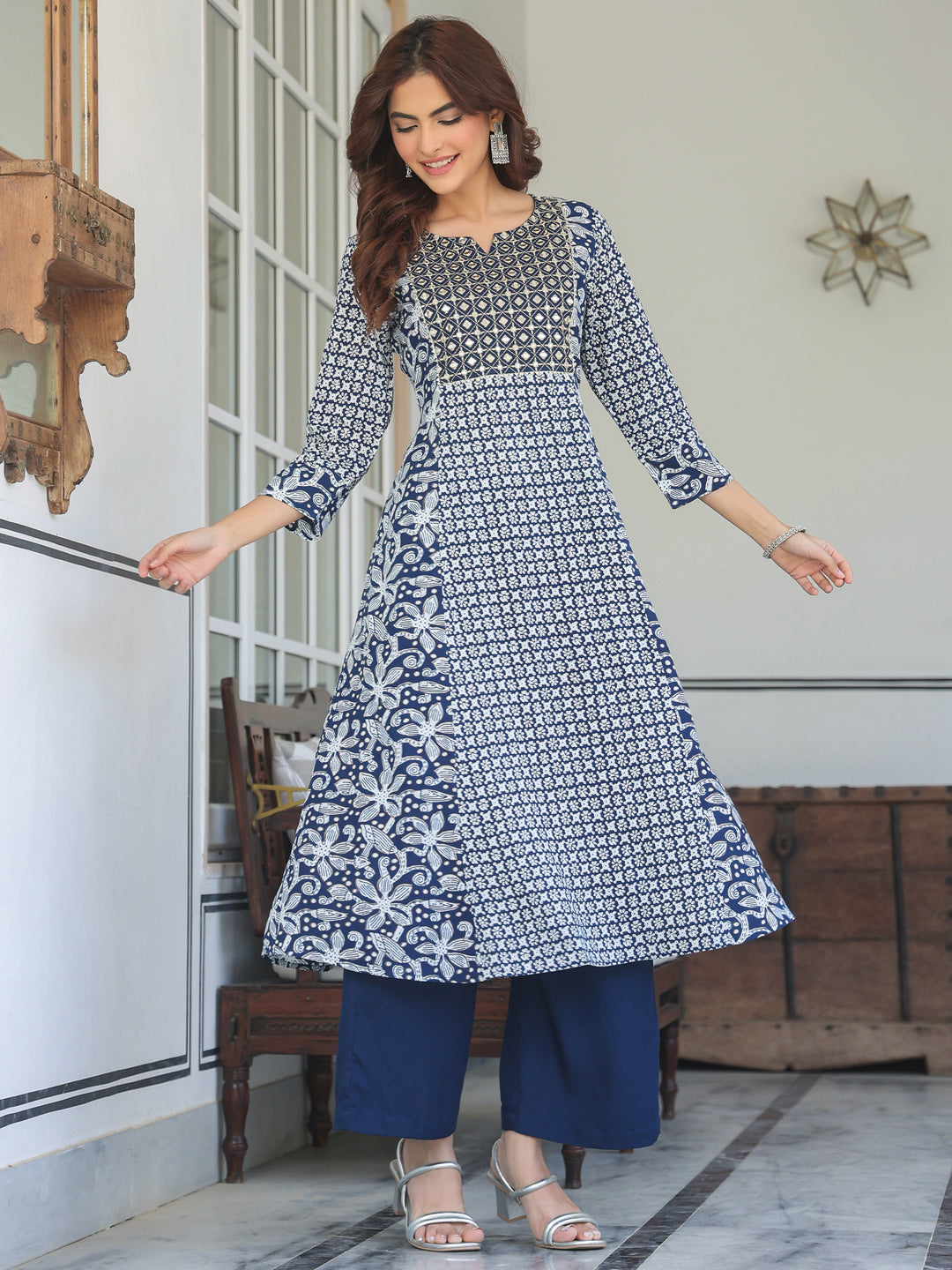 Janasya Dark Rayon Floral A-Line Kurta Set