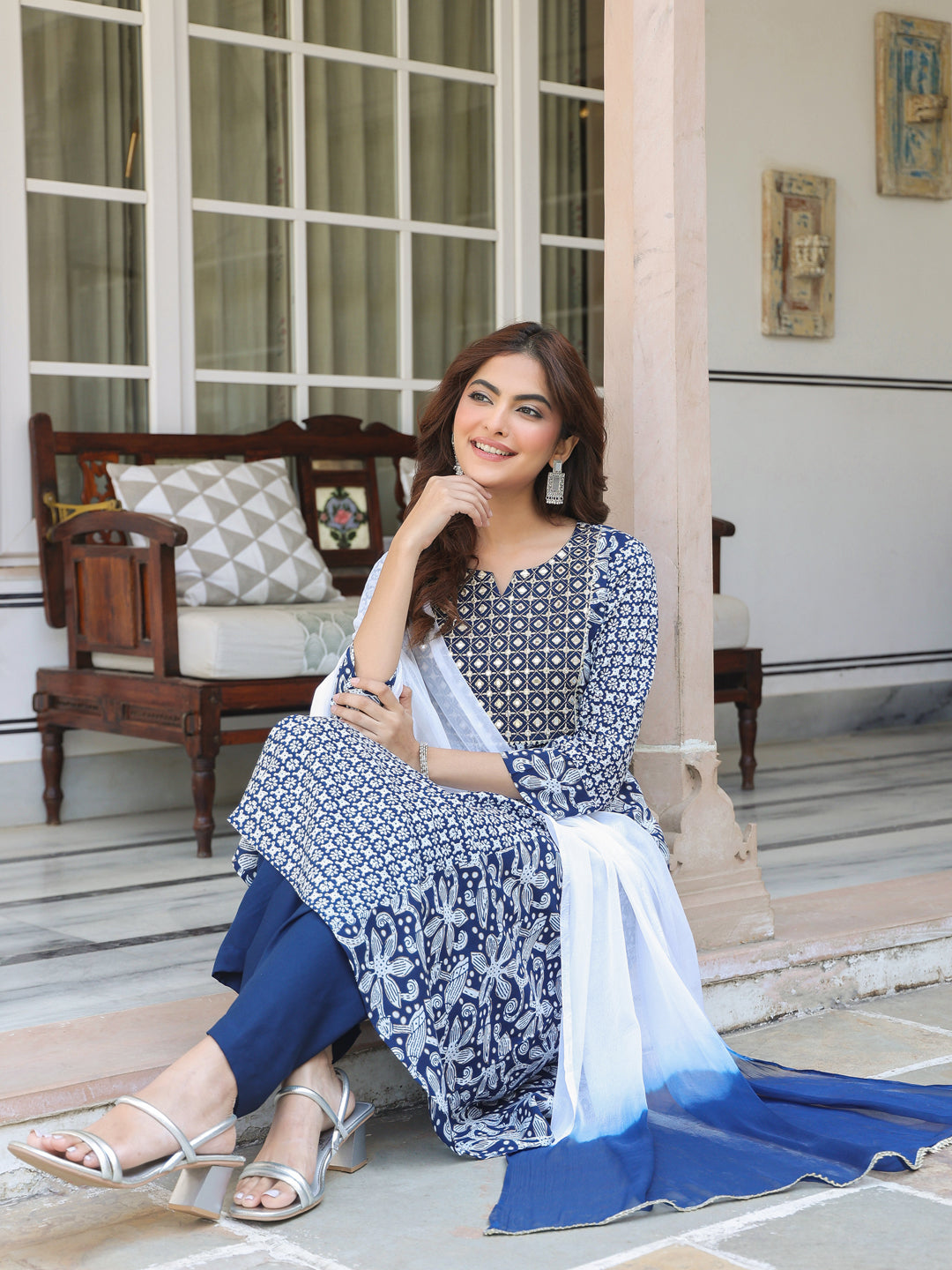 Janasya Dark Rayon Floral A-Line Kurta Set