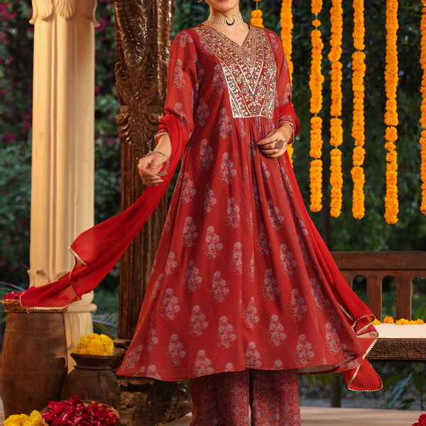 Janasya Dark Georgette Yoke Embroidery A-Line Kurta Set