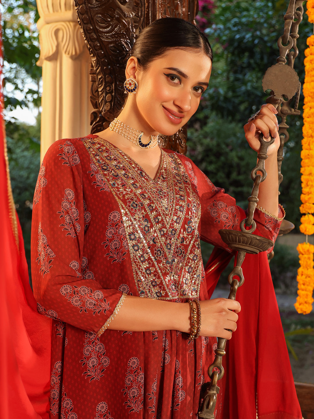 Janasya Dark Georgette Yoke Embroidery A-Line Kurta Set