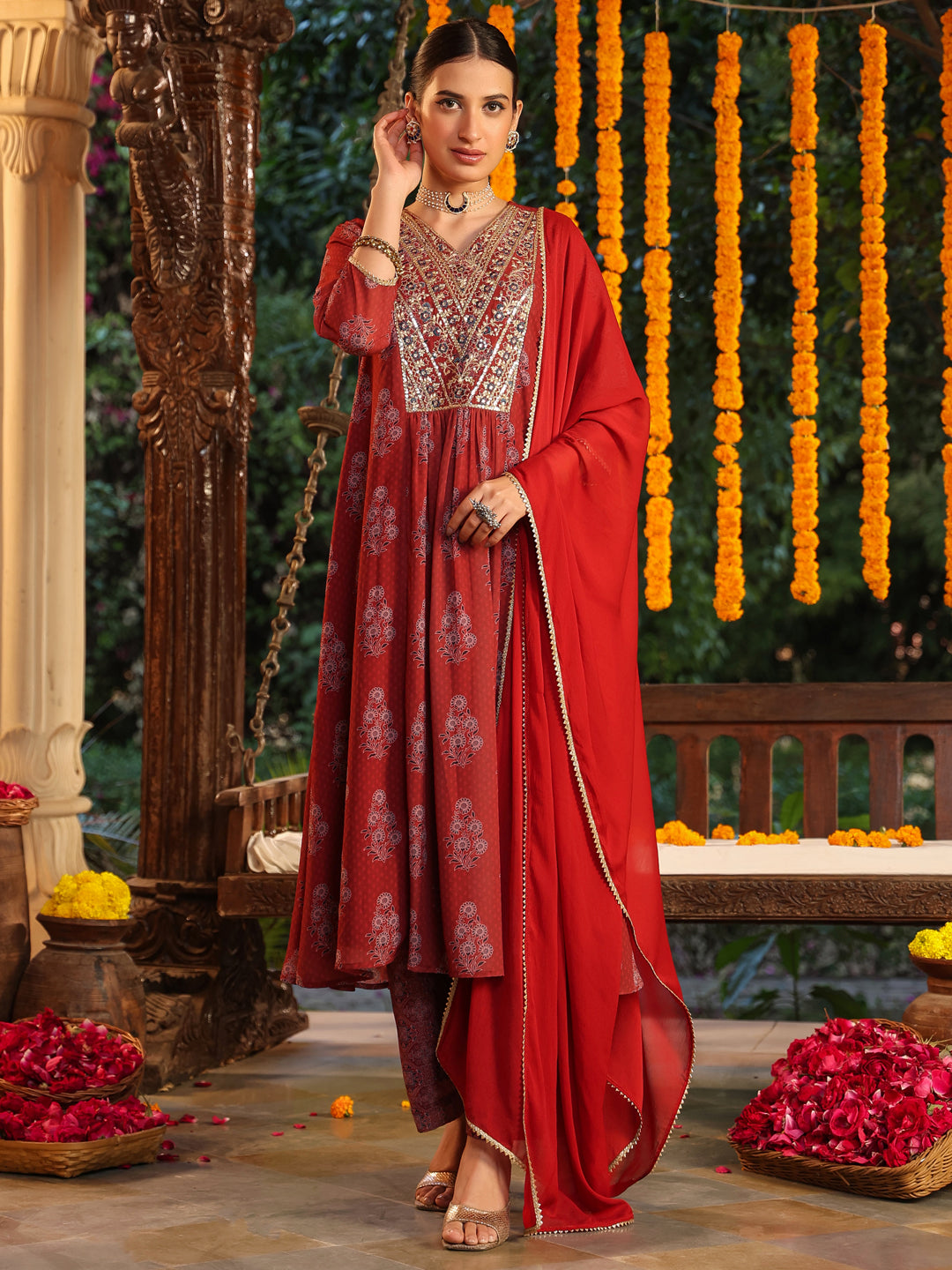 Janasya Dark Georgette Yoke Embroidery A-Line Kurta Set