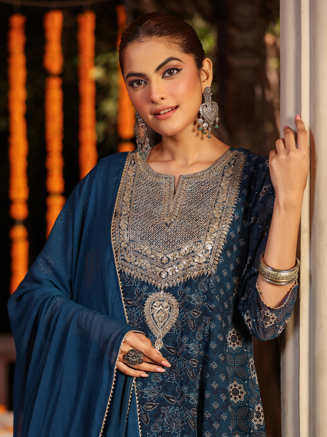 Janasya Dark Georgette Ajrakh Anarkali Kurta Set