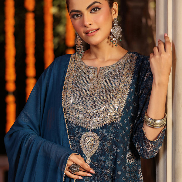 Janasya Dark Georgette Ajrakh Anarkali Kurta Set