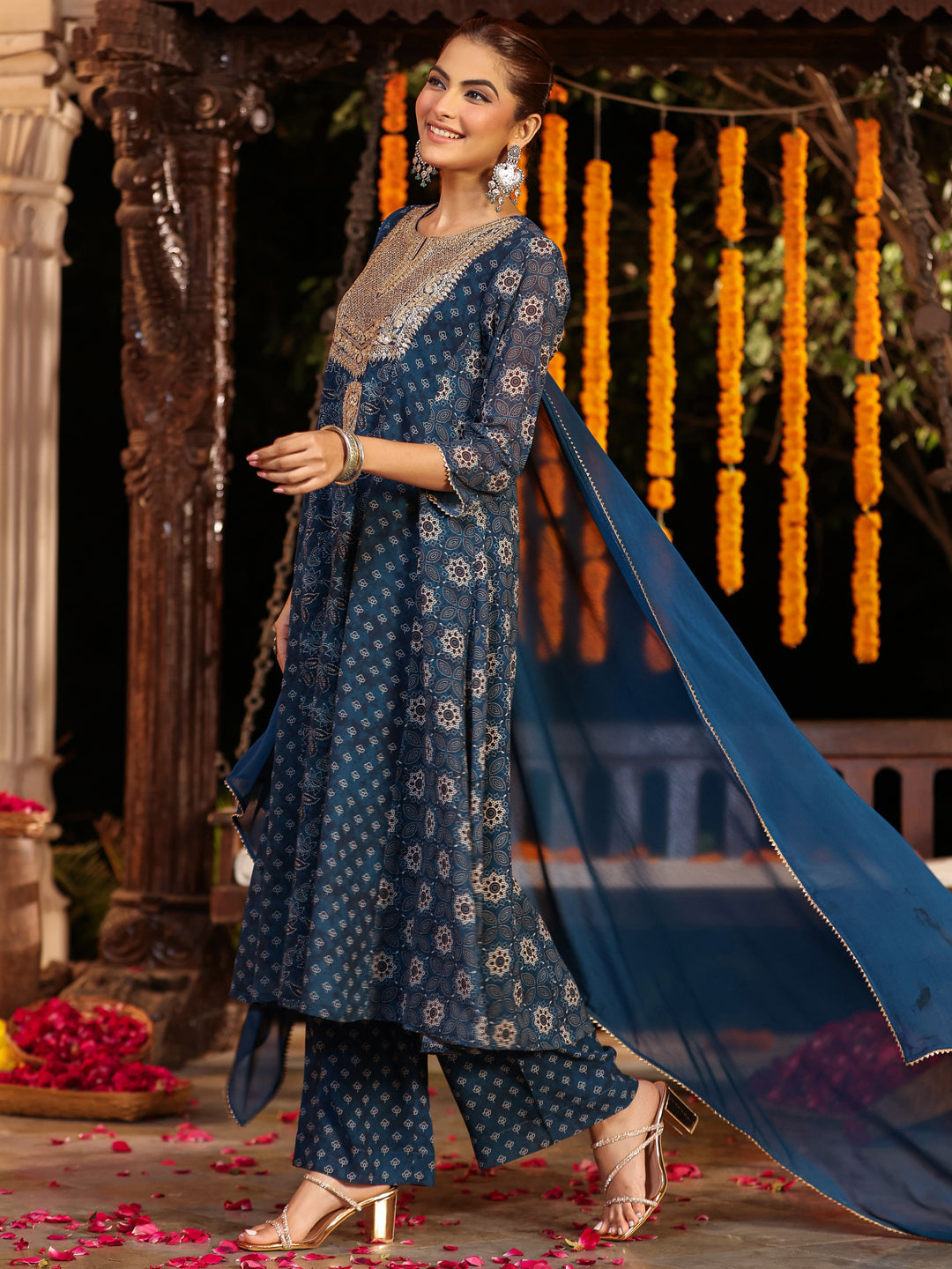 Janasya Dark Georgette Ajrakh Anarkali Kurta Set