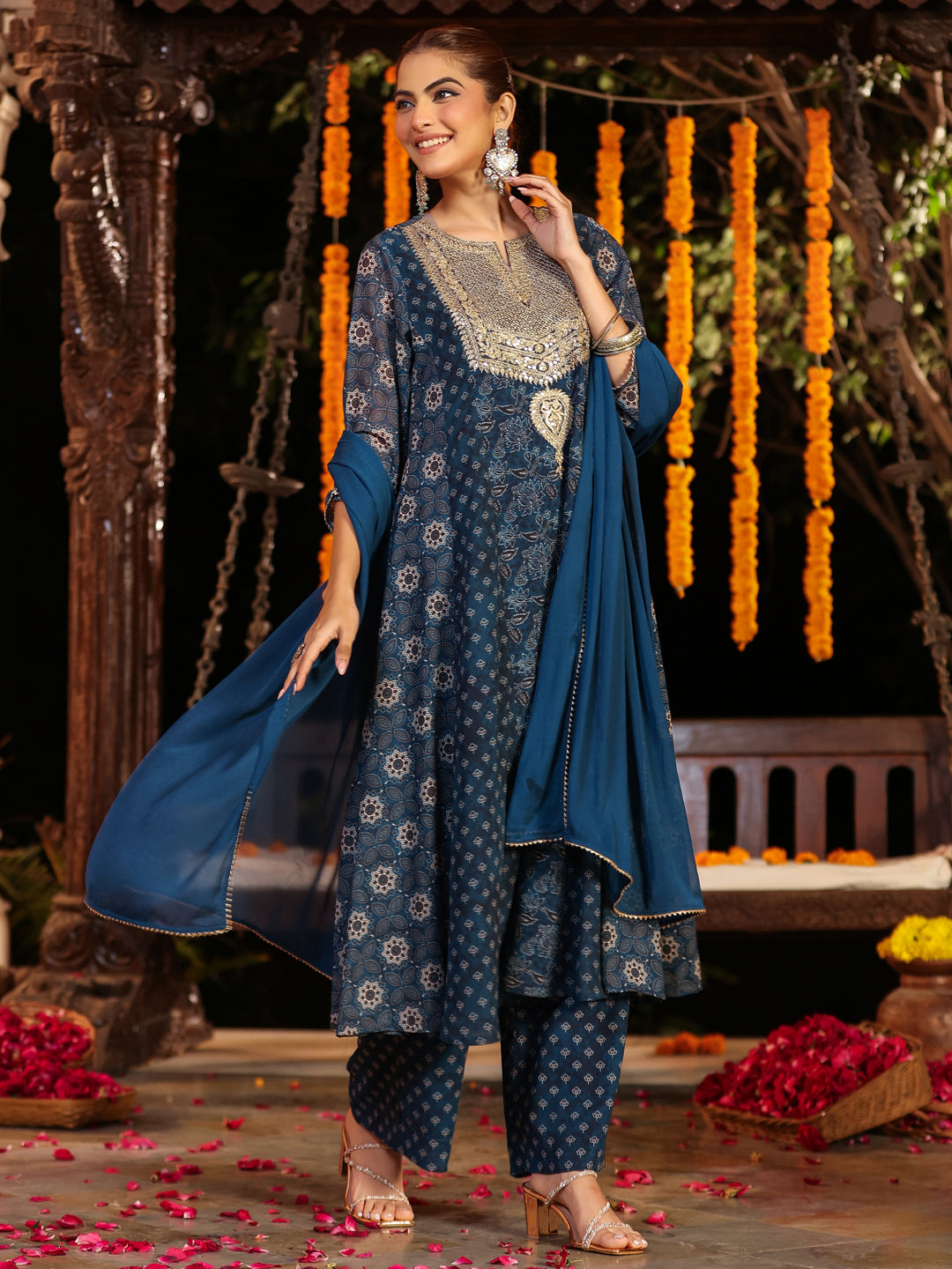 Janasya Dark Georgette Ajrakh Anarkali Kurta Set
