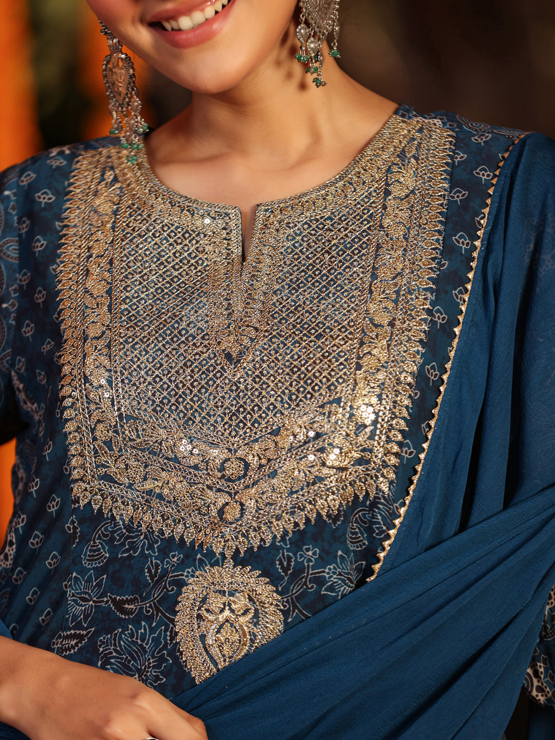 Janasya Dark Georgette Ajrakh Anarkali Kurta Set