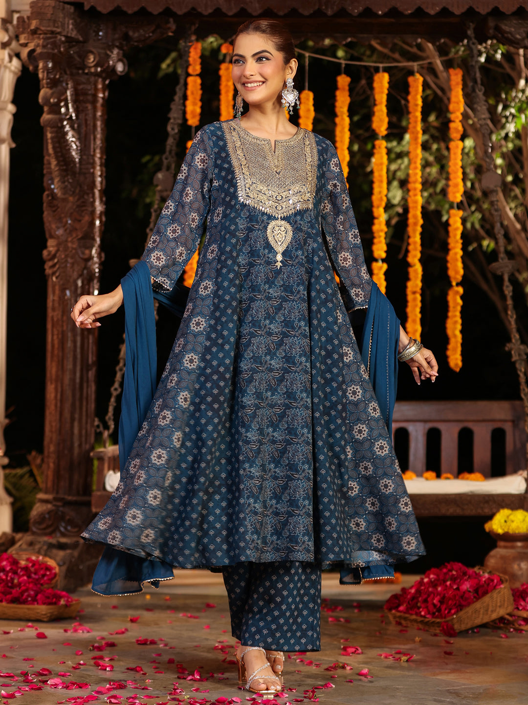 Janasya Dark Georgette Ajrakh Anarkali Kurta Set