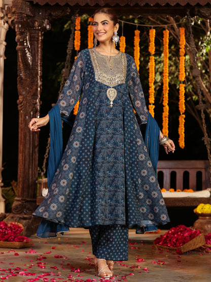 Janasya Dark Georgette Ajrakh Anarkali Kurta Set - Distacart
