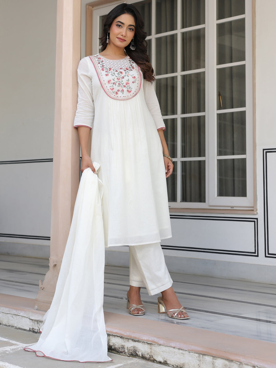 Janasya Light Cotton Yoke Embroidery A-Line Kurta Set