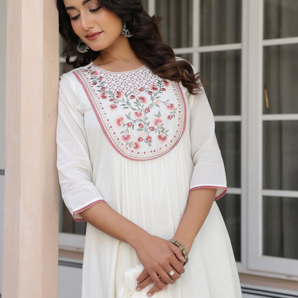 Janasya Light Cotton Yoke Embroidery A-Line Kurta Set