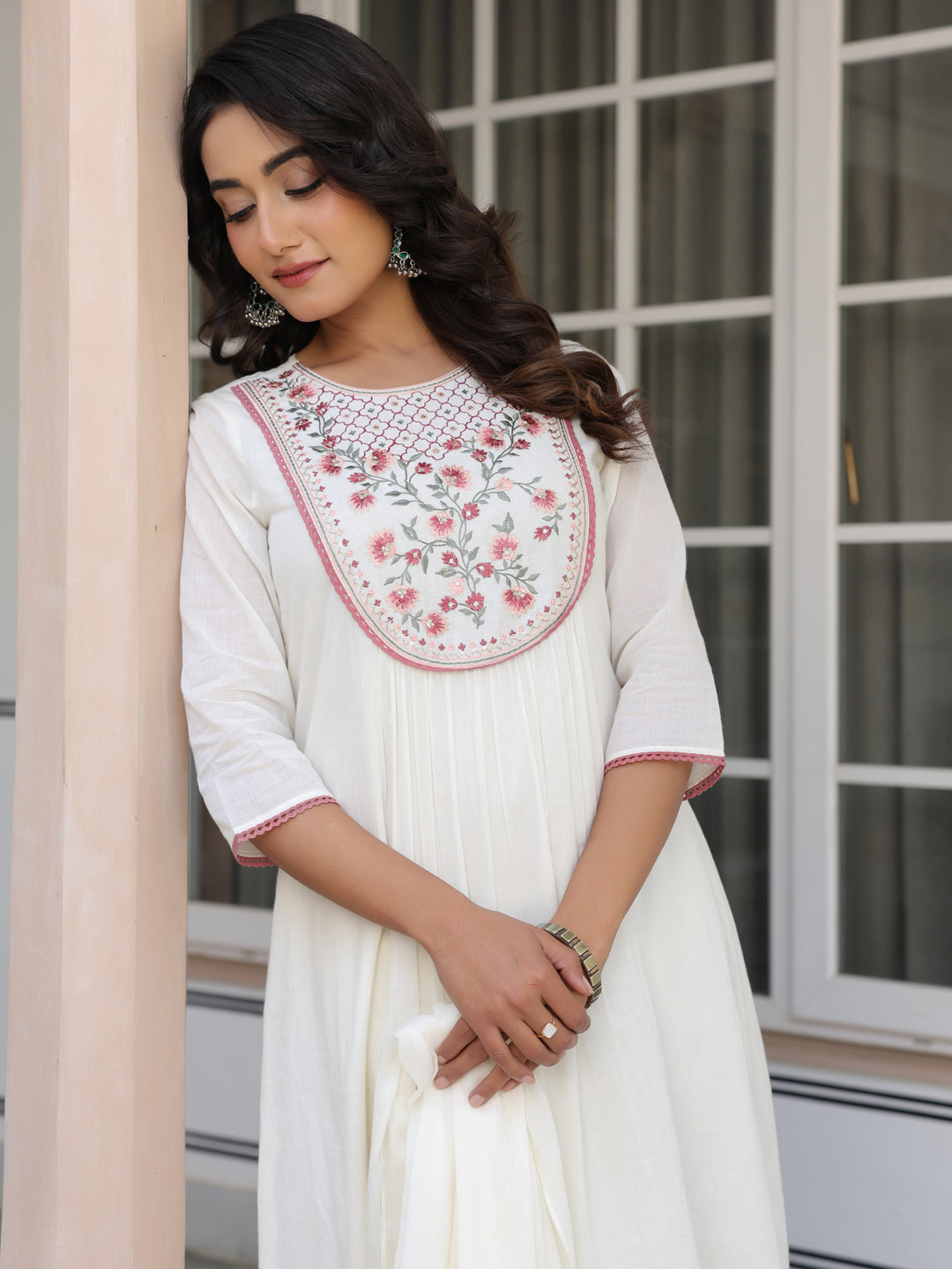 Janasya Light Cotton Yoke Embroidery A-Line Kurta Set - Distacart