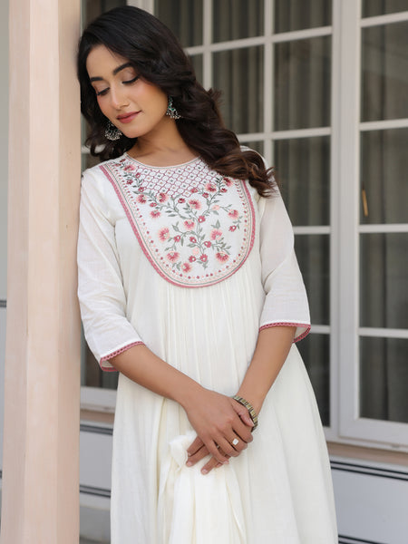 Janasya Light Cotton Yoke Embroidery A-Line Kurta Set