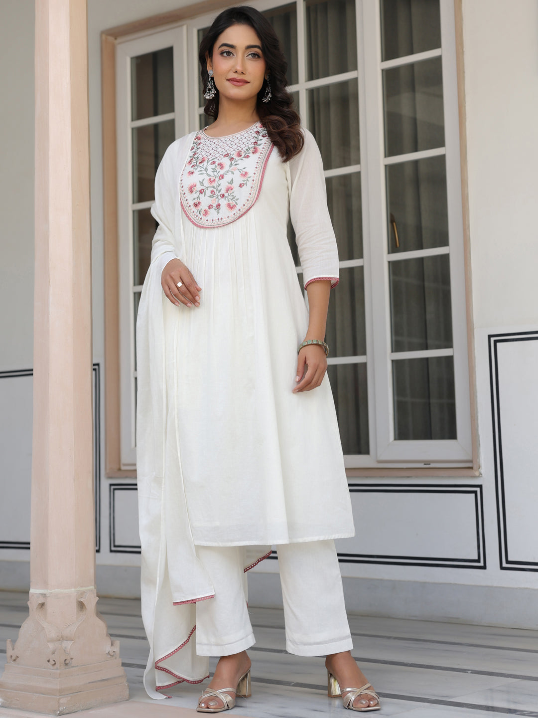 Janasya Light Cotton Yoke Embroidery A-Line Kurta Set