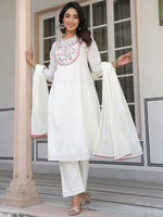 Thumbnail for Janasya Light Cotton Yoke Embroidery A-Line Kurta Set
