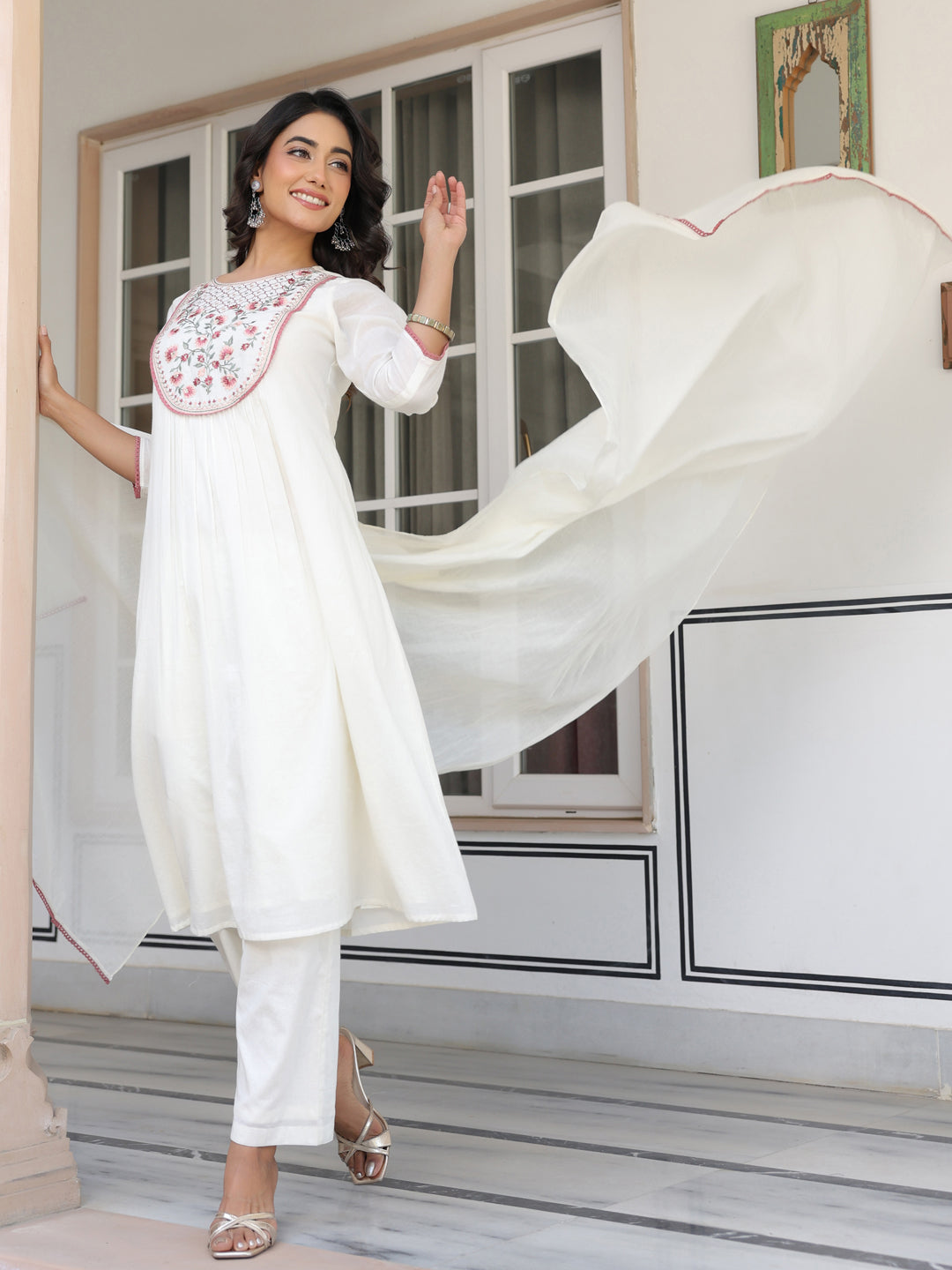 Janasya Light Cotton Yoke Embroidery A-Line Kurta Set