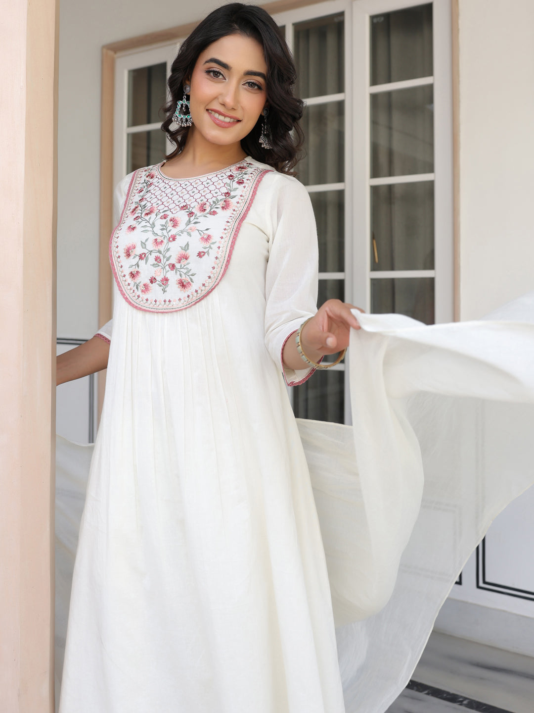 Janasya Light Cotton Yoke Embroidery A-Line Kurta Set