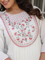 Thumbnail for Janasya Light Cotton Yoke Embroidery A-Line Kurta Set