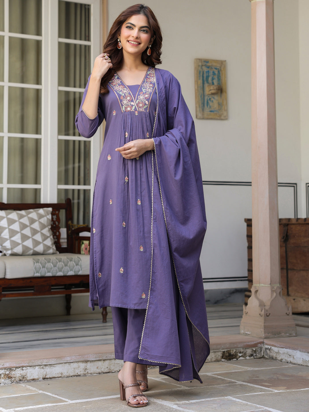 Janasya Dark Cotton Embroidered A-Line Kurta Set