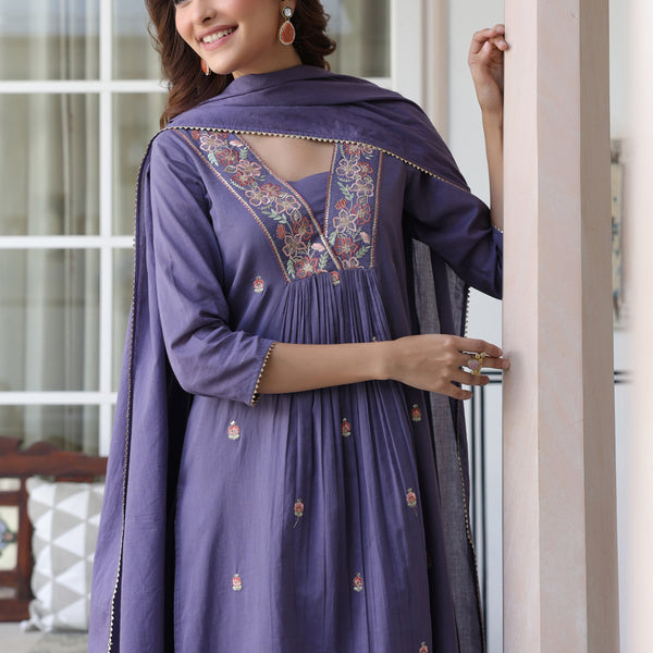 Janasya Dark Cotton Embroidered A-Line Kurta Set