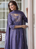Thumbnail for Janasya Dark Cotton Embroidered A-Line Kurta Set