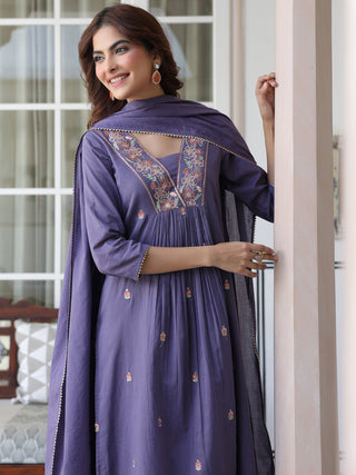 Janasya Dark Cotton Embroidered A-Line Kurta Set