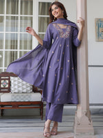 Thumbnail for Janasya Dark Cotton Embroidered A-Line Kurta Set