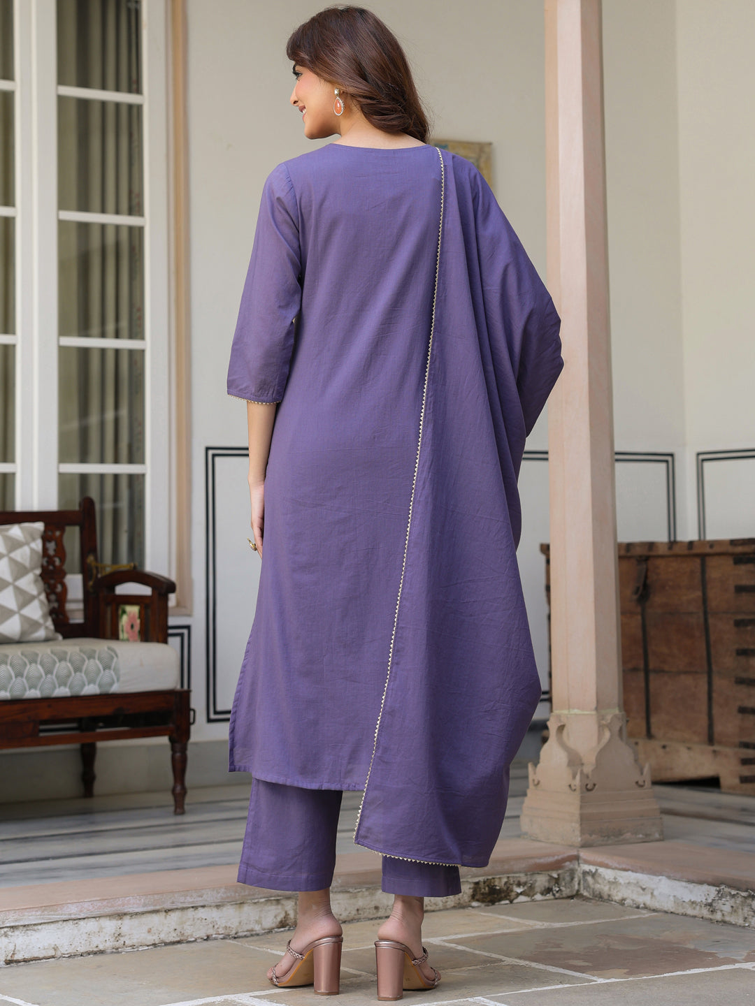 Janasya Dark Cotton Embroidered A-Line Kurta Set