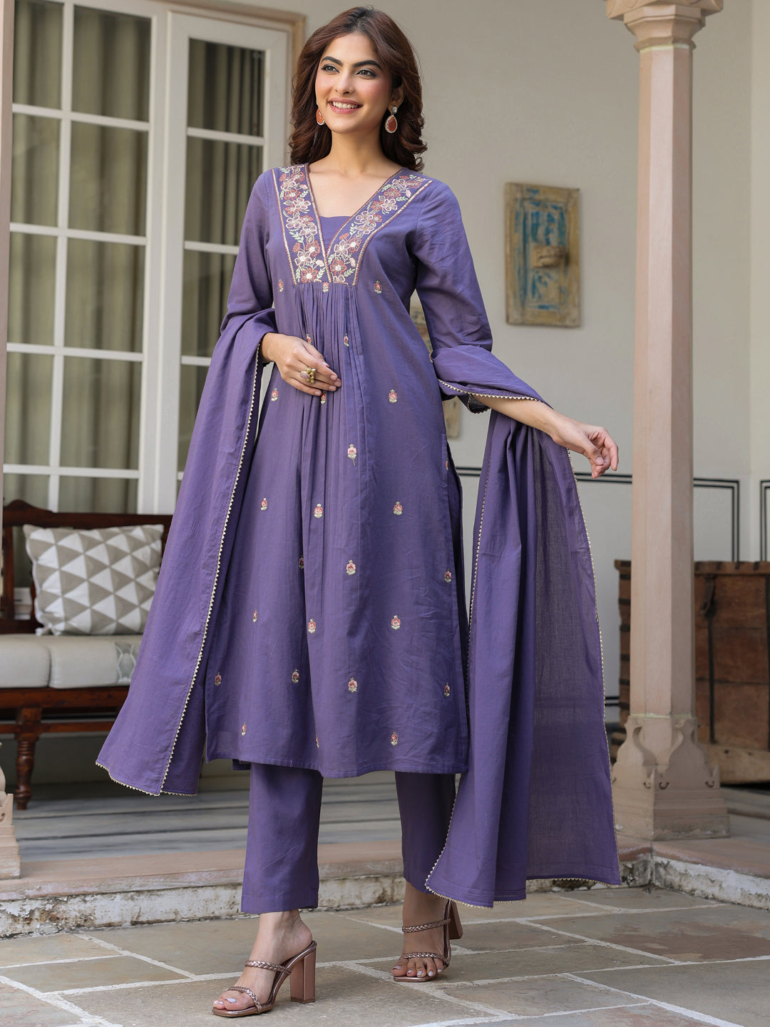 Janasya Dark Cotton Embroidered A-Line Kurta Set