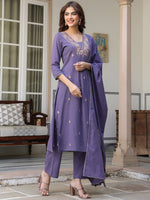 Thumbnail for Janasya Dark Cotton Embroidered A-Line Kurta Set
