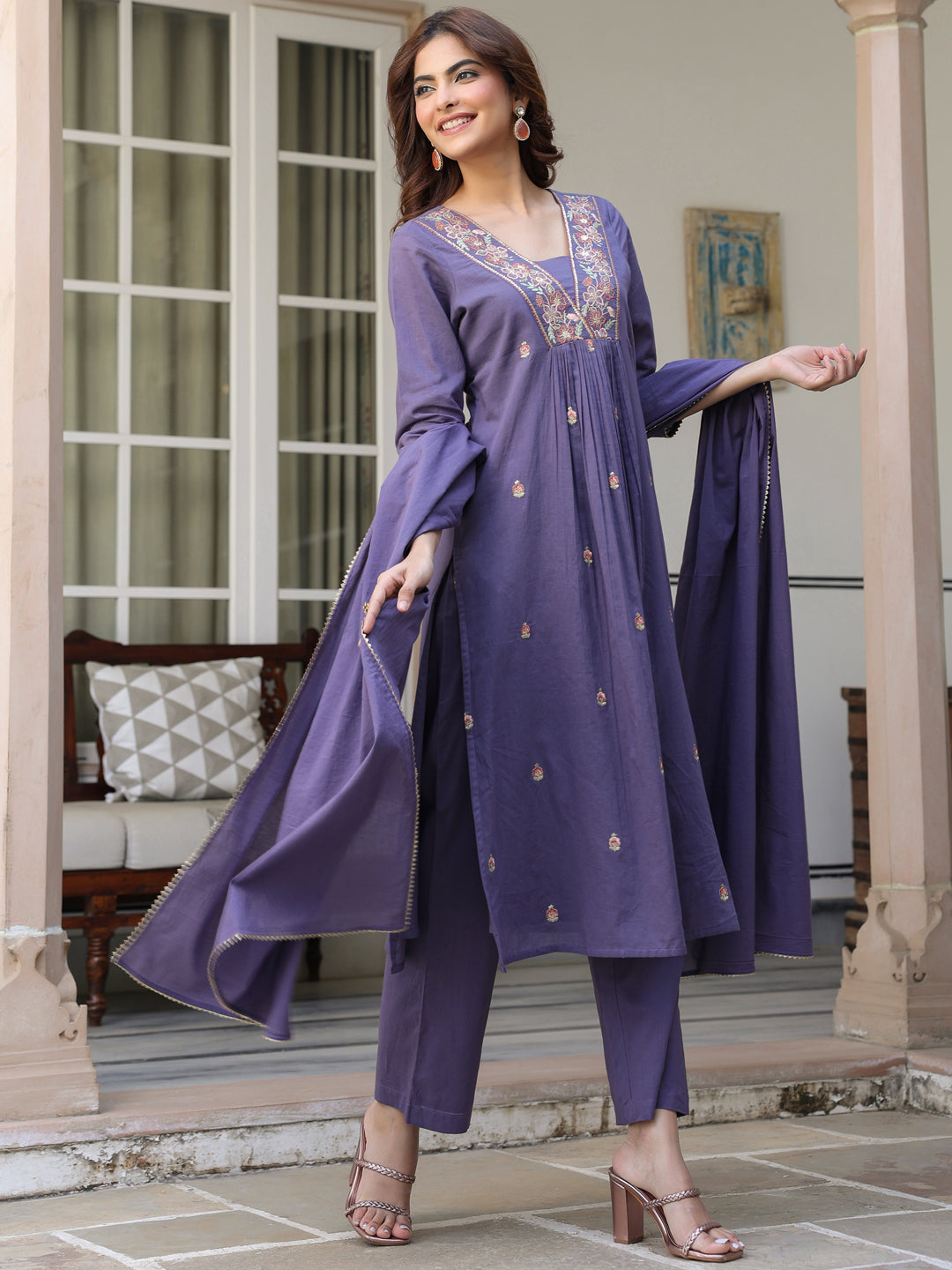 Janasya Dark Cotton Embroidered A-Line Kurta Set