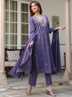 Thumbnail for Janasya Dark Cotton Embroidered A-Line Kurta Set