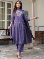 Thumbnail for Janasya Dark Cotton Embroidered A-Line Kurta Set