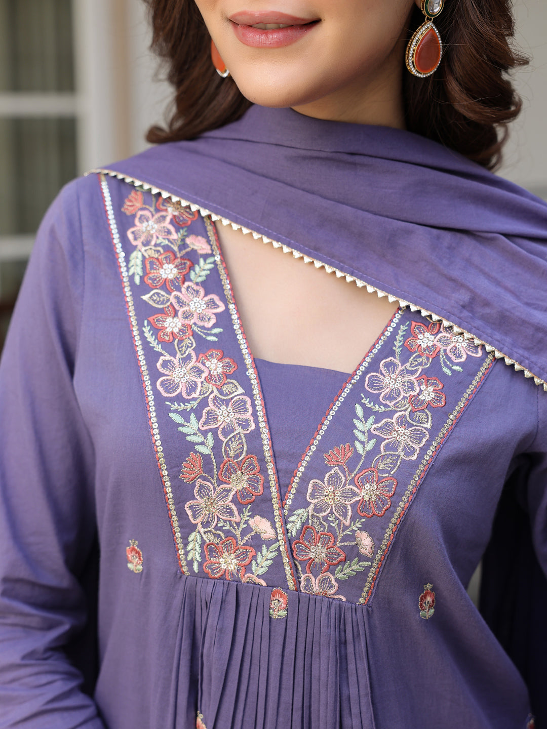 Janasya Dark Cotton Embroidered A-Line Kurta Set
