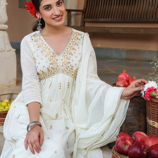 Janasya Light Cotton Embroidered A-Line Kurta Set