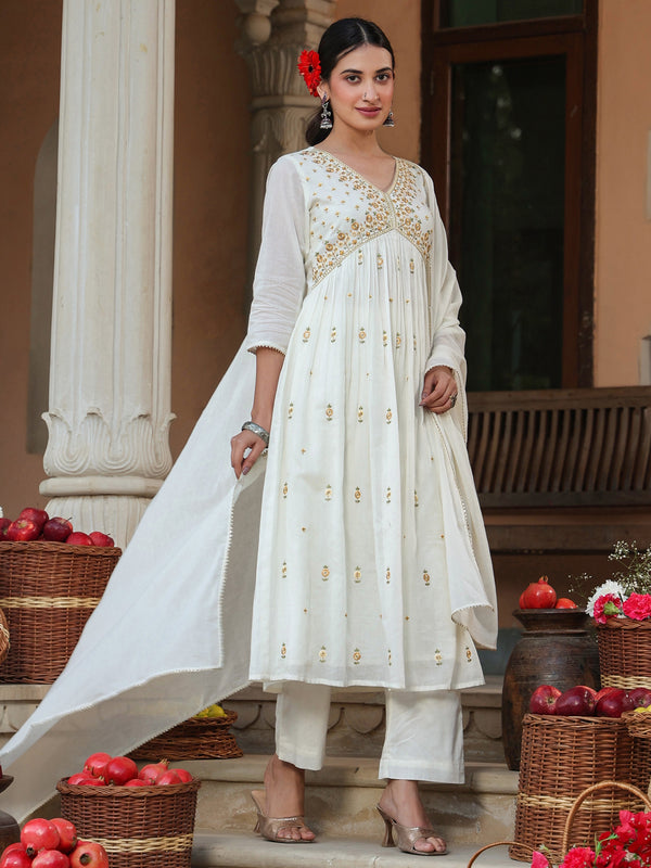 Janasya Light Cotton Embroidered A-Line Kurta Set