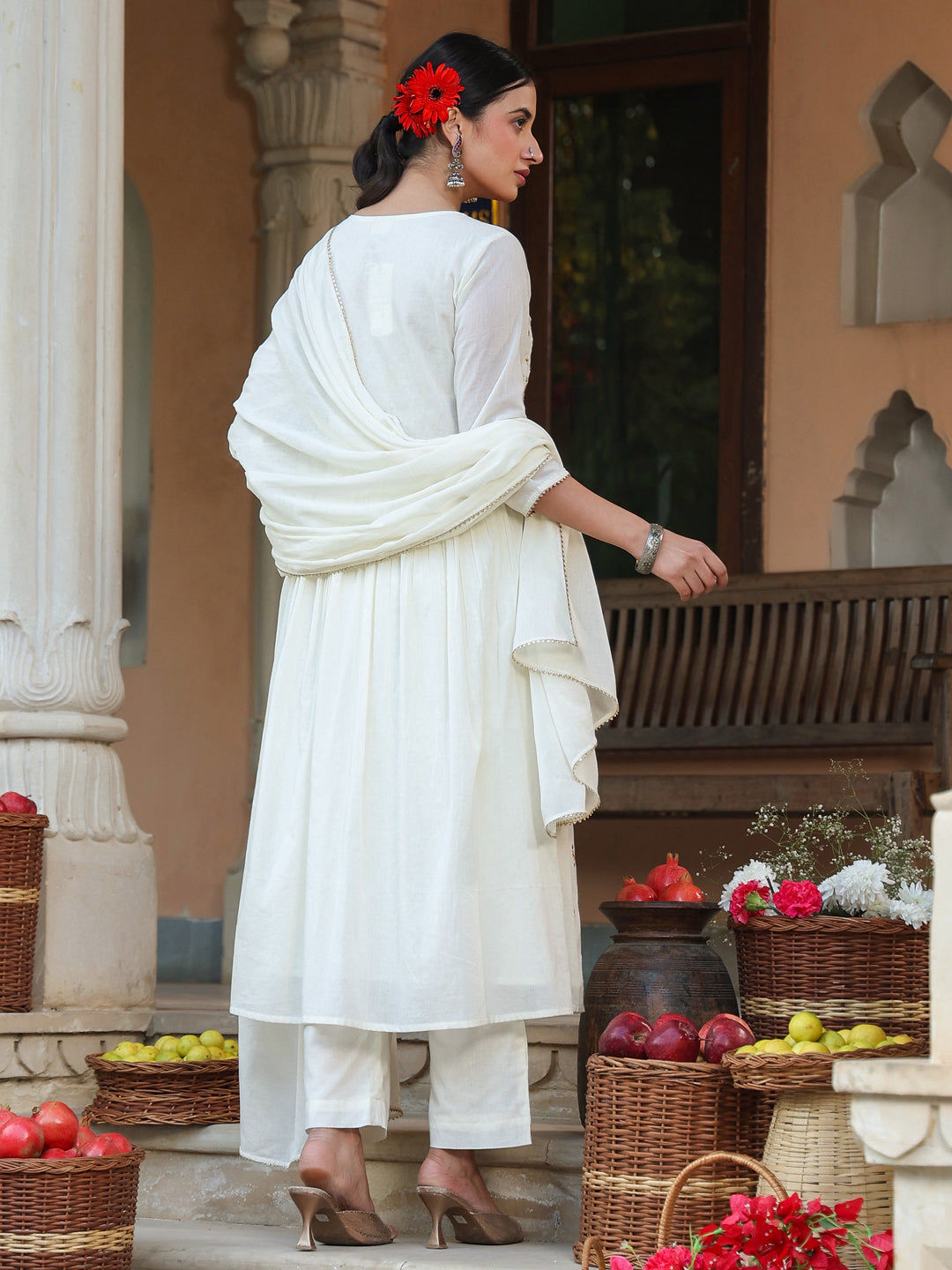 Janasya Light Cotton Embroidered A-Line Kurta Set