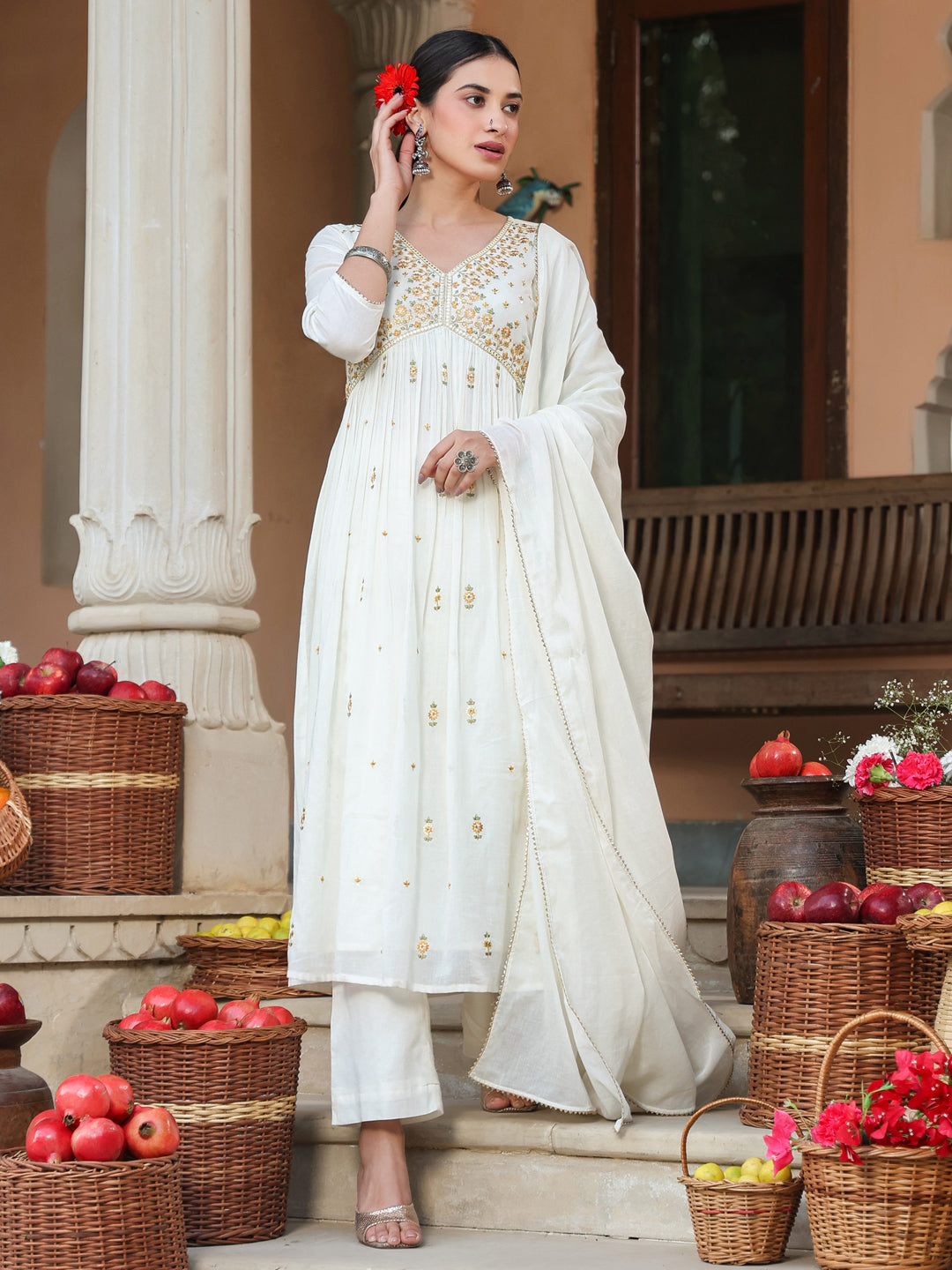 Janasya Light Cotton Embroidered A-Line Kurta Set