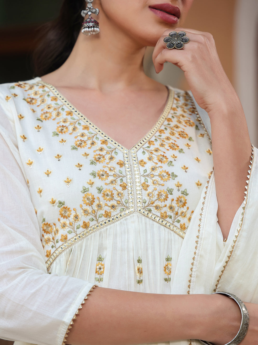 Janasya Light Cotton Embroidered A-Line Kurta Set