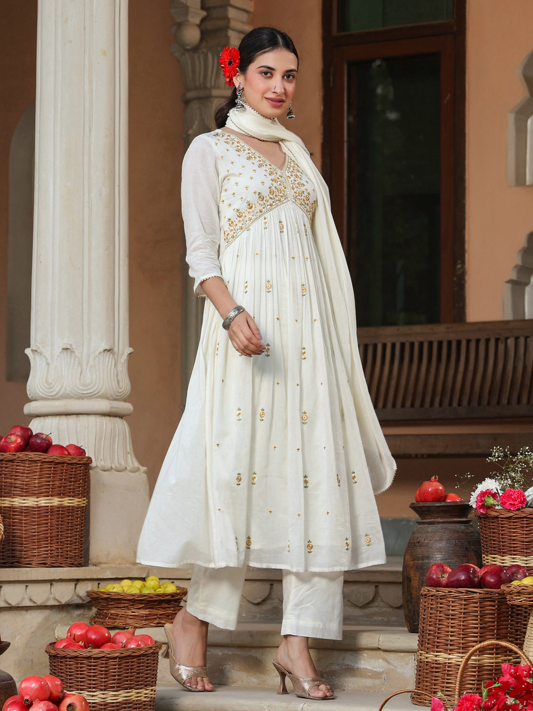 Janasya Light Cotton Embroidered A-Line Kurta Set