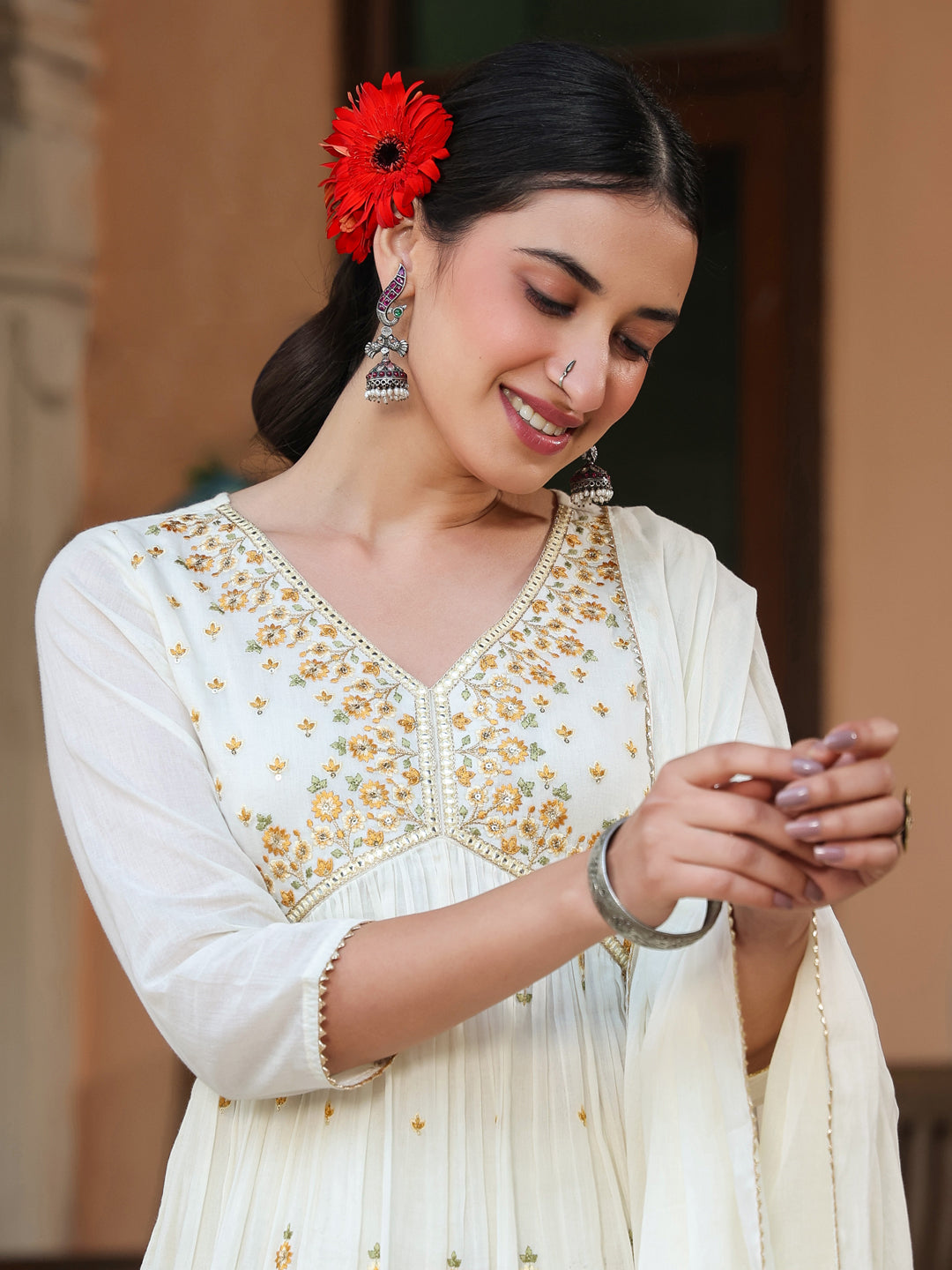Janasya Light Cotton Embroidered A-Line Kurta Set