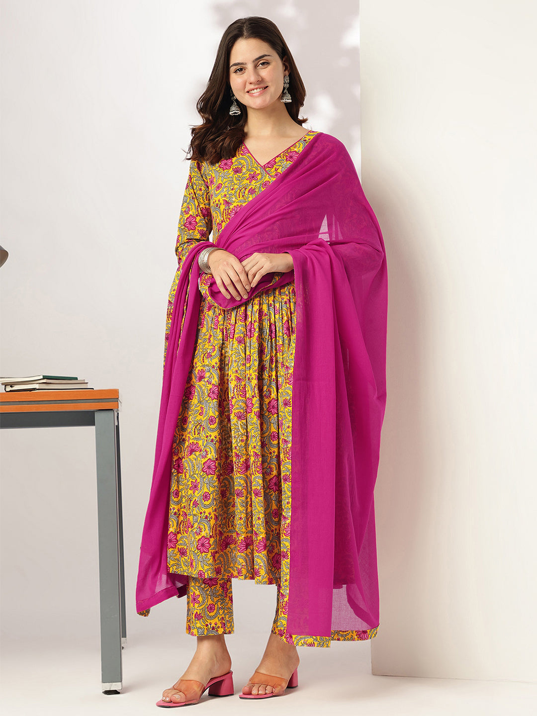 Janasya Bright Cotton Floral Angrakha Kurta Set