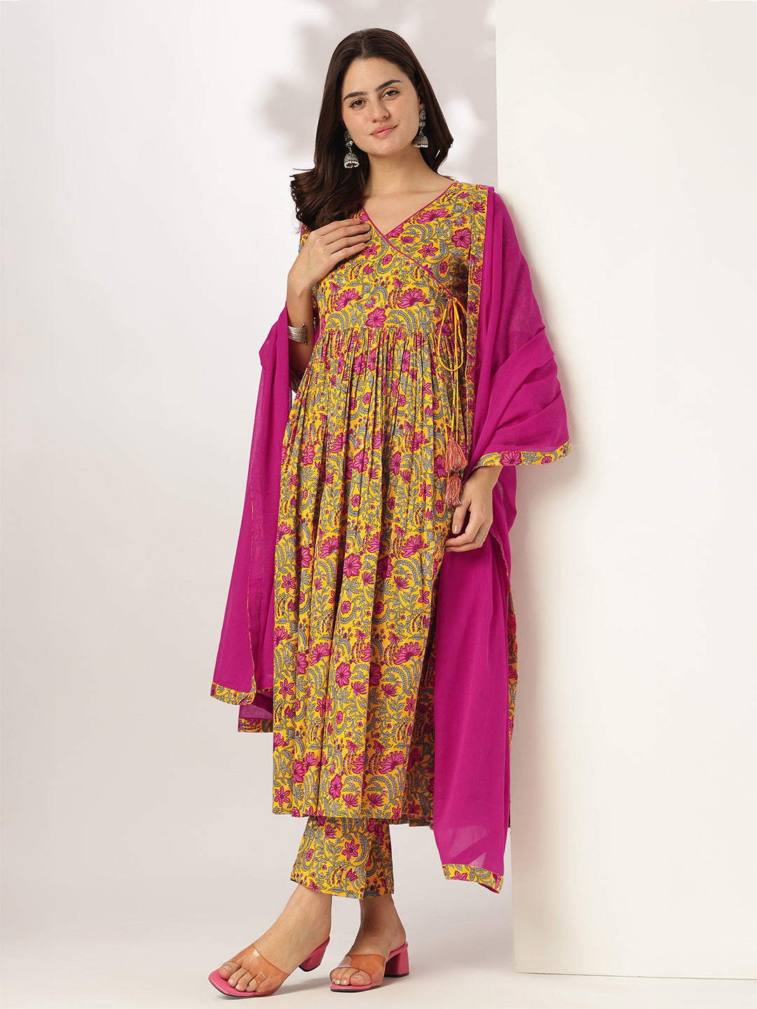 Janasya Bright Cotton Floral Angrakha Kurta Set