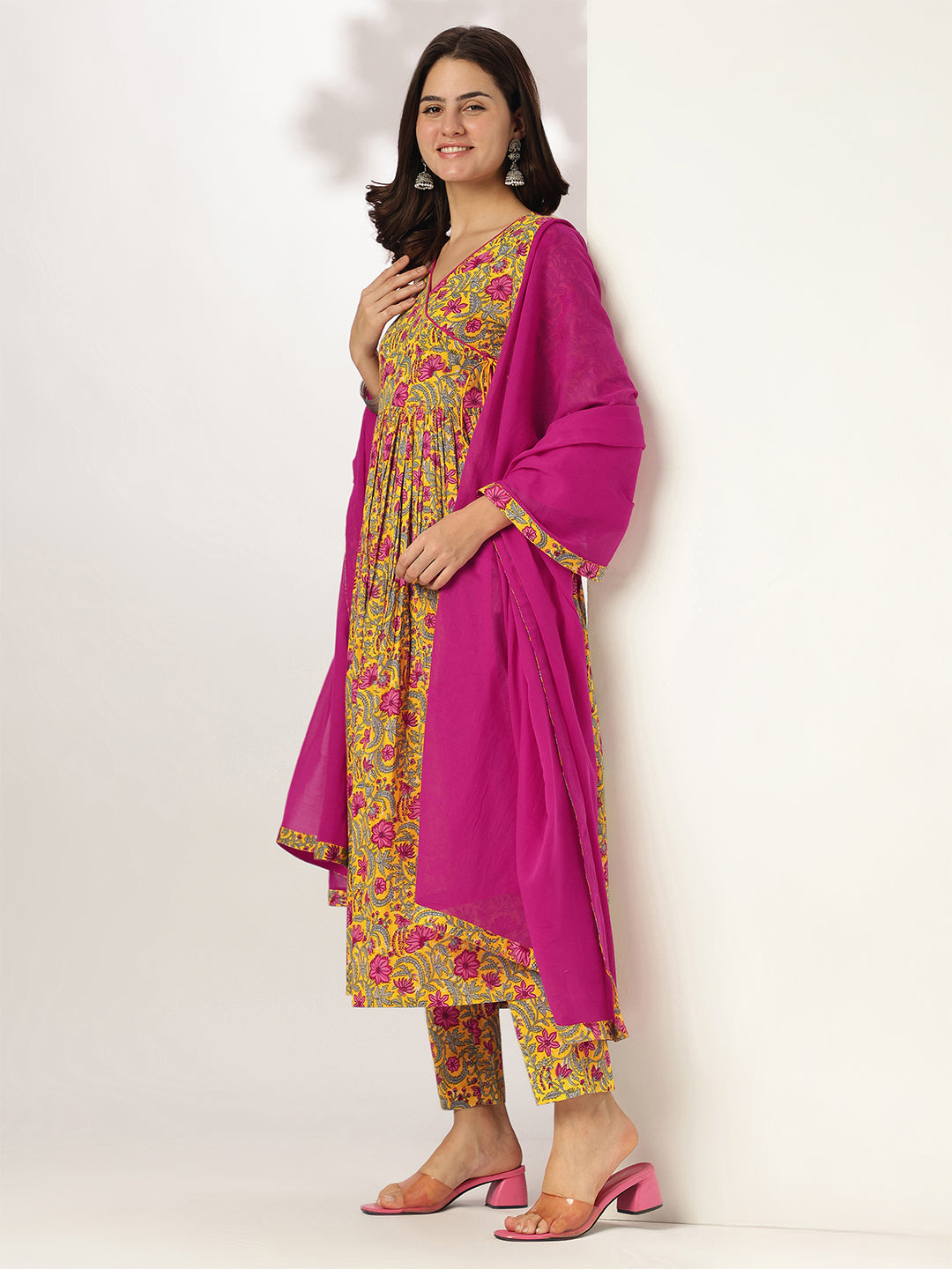 Janasya Bright Cotton Floral Angrakha Kurta Set
