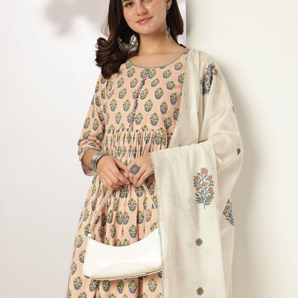 Janasya Light Cotton Floral A-Line Kurta Set - Distacart