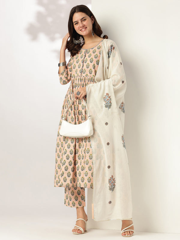 Janasya Light Cotton Floral A-Line Kurta Set